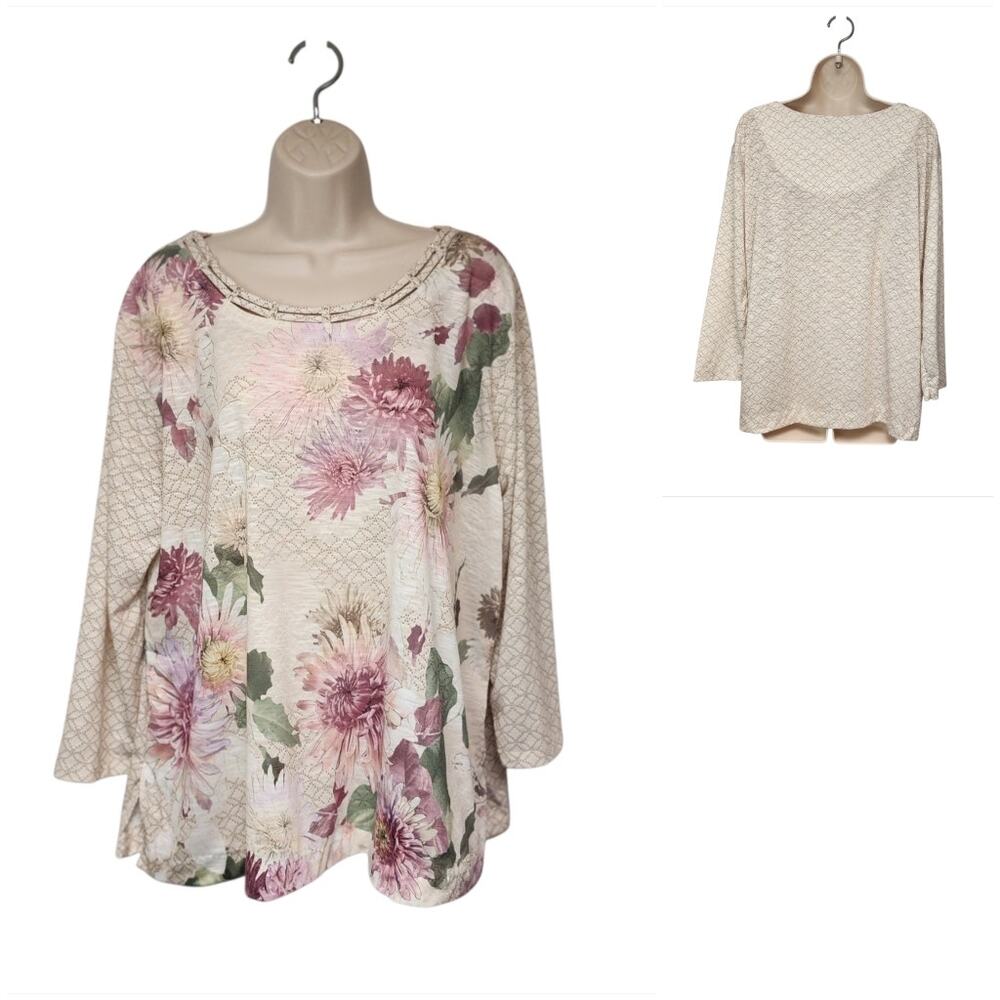 ALFRED DUNNER Women's Pullover 3/4-Sleeve  Cutout Neckline Multi Beige/Pink 3X